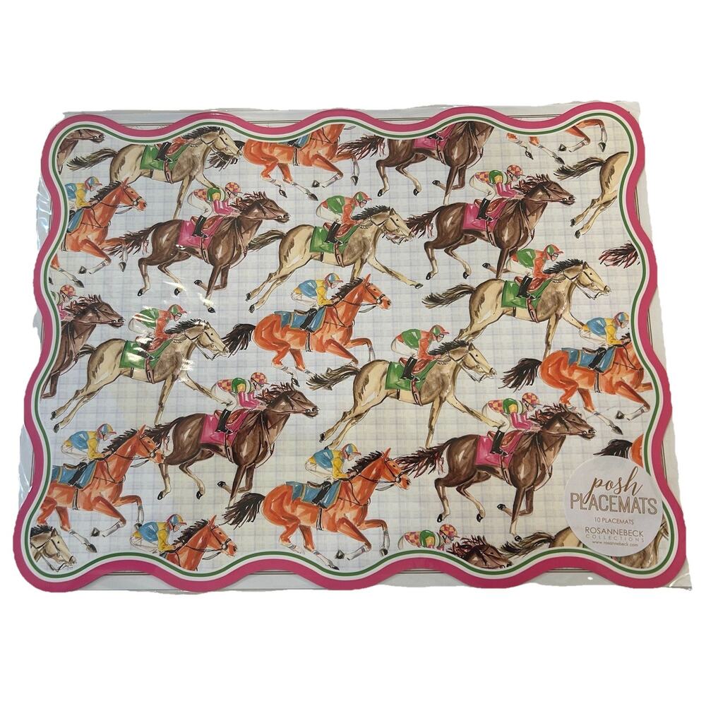 NEW Rosannebeck Collection Posh Paper‎ Placemats 10ps Kentucky Derby Horses Pink